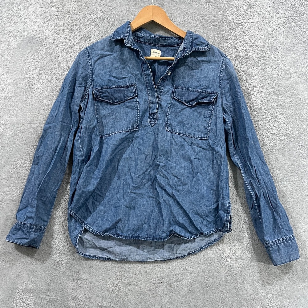 Gap 1969 Tunic Shirt Womens Small Blue Denim Long Sleeve Chest Pocket Popover